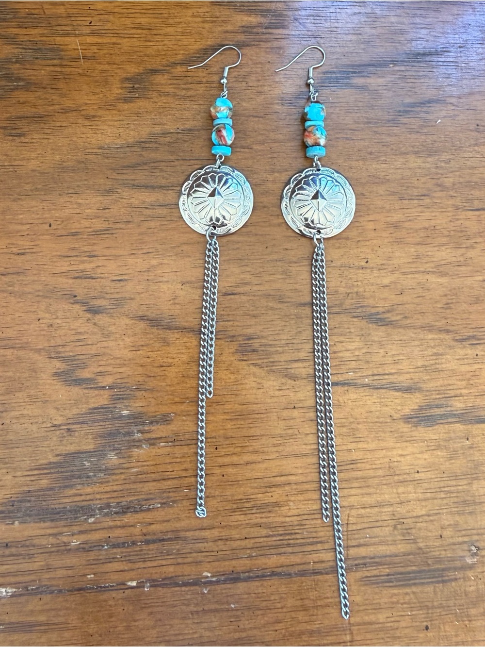 Handmade Silver Concho Earrings With Genuine Turquoise